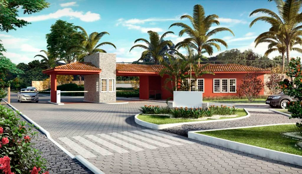 Entrada de um loteamento residencial arborizado